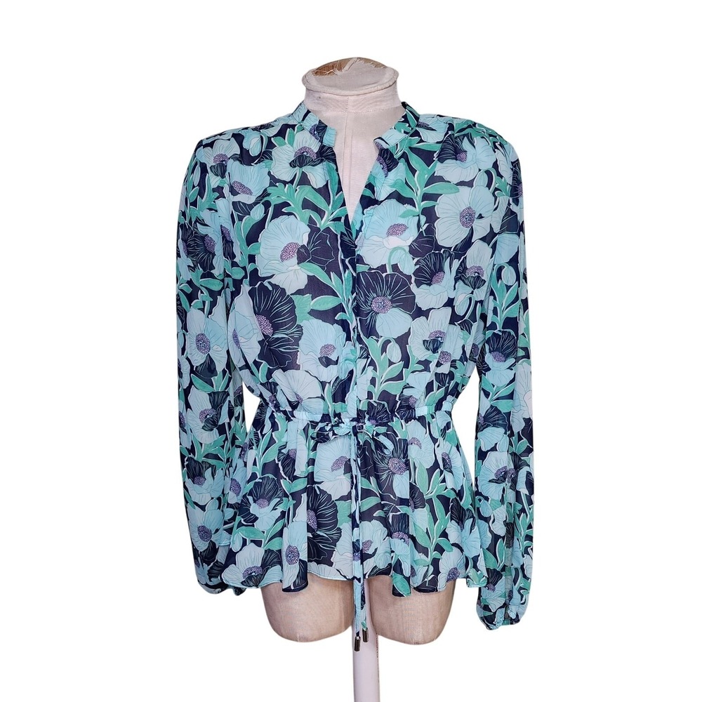 Maison Jules sheer Blue floral long sleeve blouse Medium cinch waist tie